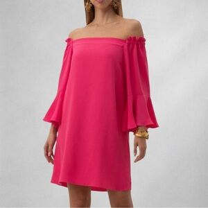 Trina Turk Dress S Off Shoulder Bell Sleeve Pink Ruffle Sleeves Recycled NWT